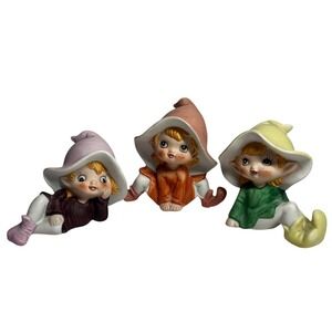 Vtg Set of 3 HOMCO Elf Pixie Figurines Taiwan 5213 Mushroom Hat Cute Fairy Decor